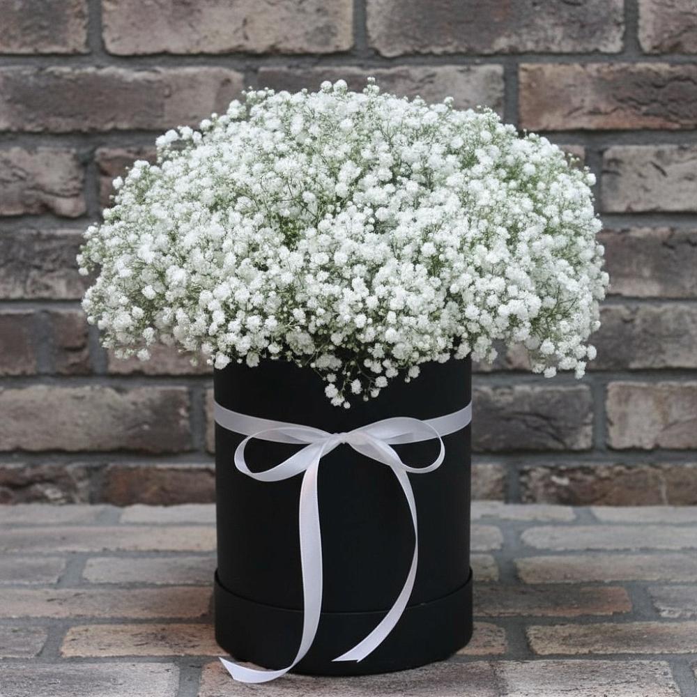 Цветочная композиция из Гипсофила в шляпной коробке в Новоселицком